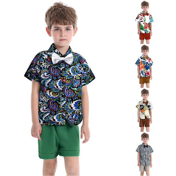 XAOFW Back To School Outfits For Boys Short Sleeve Floral Print Bowtie Shirt Shorts Baby Toddler Summer Gentleman Sets 6-12 Months