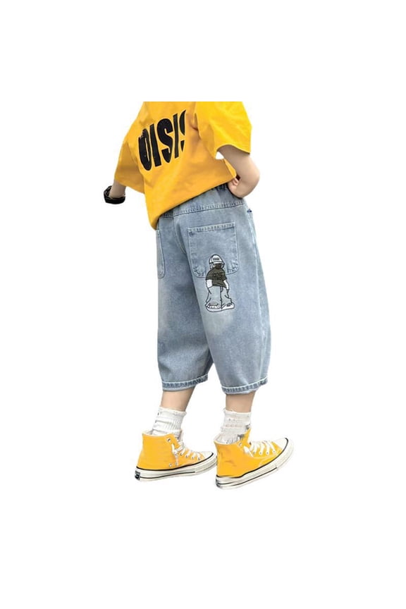 Boy's Knee Length Pants Elastic Waist Wide Leg Trousers Casual Loose Fit Jeans With Pockets Trendy Slacks 4-5 Years
