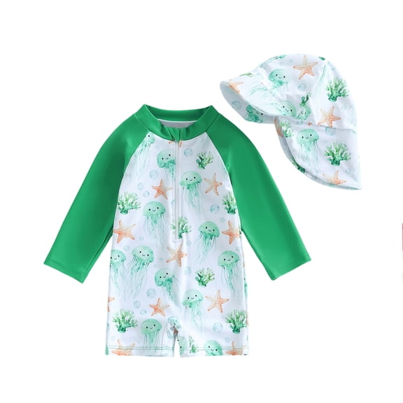 XAOFW Boy's One-Piece Swimsuits Cartoon Fish Print Long Sleeve Crew Neck With Sun Hat Rash Guard Swimwear Tropical Swimming Surfing Soft Comfortable Beachwear