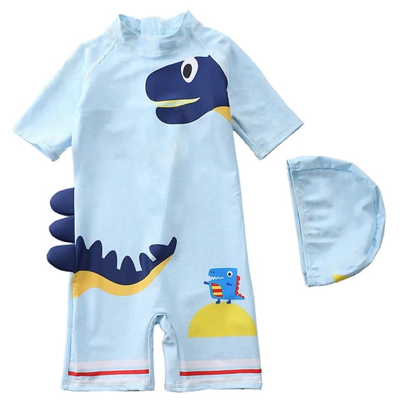 XAOFW Boy's One-Piece Swimsuits Cartoon Pattern Short Sleeve Crew Neck With Swim Hat Upf 50 Sun Rash Guard Swimwear Summer Beach Pool Soft Breathable Beachwear