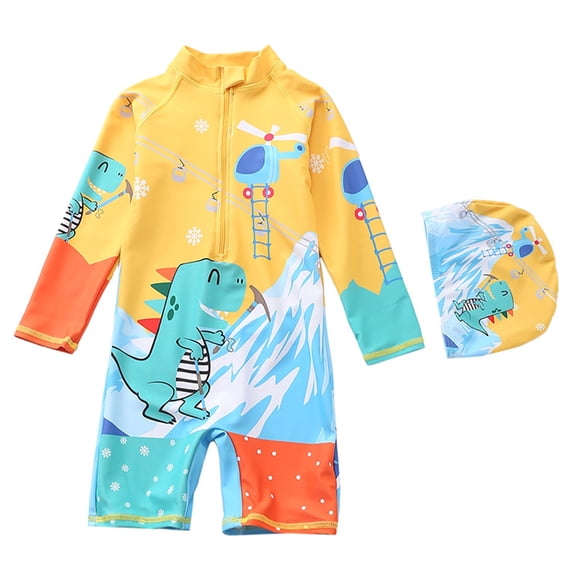 XAOFW Boy's One-Piece Swimsuits Cartoon Pattern Short Sleeve Crew Neck With Swim Hat Zipper Sun Rash Guard Swimwear Beach Pool Party Fashionable Cozy Swim Wear