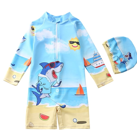 XAOFW Boy's One-Piece Swimsuits Cartoon Pattern Short Sleeve Crew Neck With Swim Hat Zipper Sun Rash Guard Swimwear Tropical Swimming Surfing Soft Comfortable Swim Wear