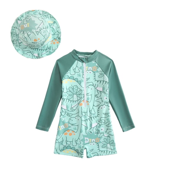 XAOFW Boy's One-Piece Swimsuits Long Sleeve Crew Neck Cartoon Dinosaur Print With Swim Cap Zip Swimwear Tropical Swimming Surfing Soft Comfortable Bathing Suit
