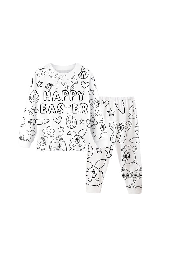 Boy's Outfit Sets Easter Long Sleeve Crewneck Cartoon Doodle T-Shirt And Pants Two Piece Kids Outfits Outdoor Activities Fashionable Cozy Toddler Clothes Sets
