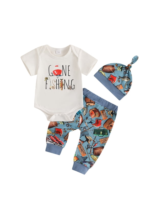 Boy's Outfits Sets Short Sleeve Crewneck Romper Pants Hat 3Pcs Set Streetwear Comfort Fit Outfit Holiday Vacation Stylish Cozy Clothing Sets