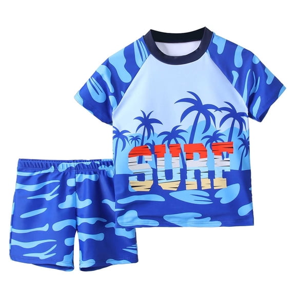 XAOFW Boy's Sporty Swimsuits Sets Two Piece Swimwear Short Sleeve Tropical Print Rash Guard Swim Trunks Beach Pool Party Versatile Swim Wear