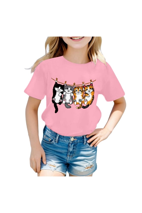Boy's T-Shirts Short Sleeve Crewneck Cartoon Cat Print Kids Cute Graphic T Shirts Leisure Wear Comfort Fit Tee Shirts Holiday Vacation Stylish Comfortable Children Top
