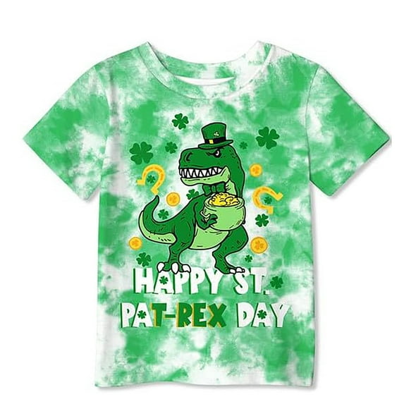 XAOFW Boy's T-Shirts St Patrick's Day Short Sleeve Round Neck Cartoon Dinosaur Print Kids Casual T Shirt Everyday Wear Relaxed Fit Tee Shirt Party Night Soft Breathable Children Top