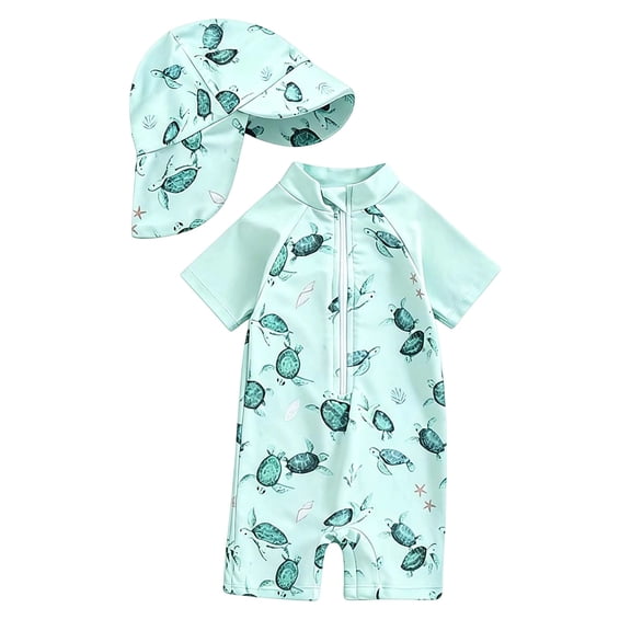 XAOFW Boy's Two Piece Swimsuits Short Sleeve Cartoon Dinosaur Prints Zip Up Rash Guard Tops And Hat Two Piece Swimwear Swimming Training Versatile Swim Wear