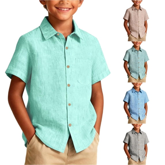 XAOFW Boys Button Down Shirts Short Sleeve Lapel Striped Shirt Lightweight Casual Summer Shirts For Toddler Kids Comfortable Tops 8-9 Years