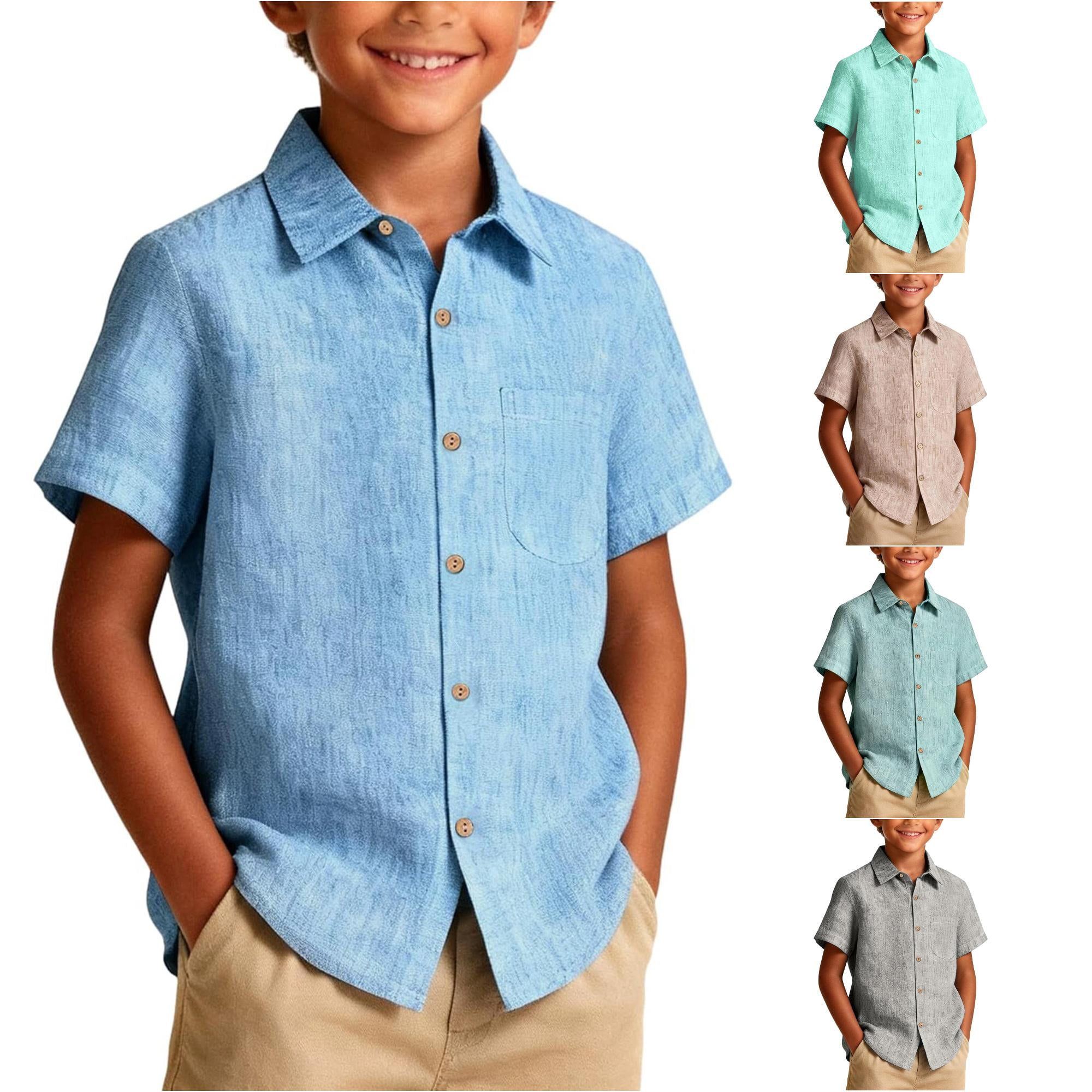 XAOFW Boys Button Down Shirts Short Sleeve Lapel Striped Shirt