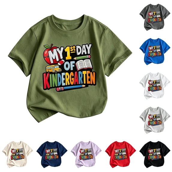 XAOFW Boys First Day Of Kindergarten Shirts Short Sleeve Crewneck Letter Graphic Tees Toddler Kids Loose Fit Back To School Clothes 2-3 Years