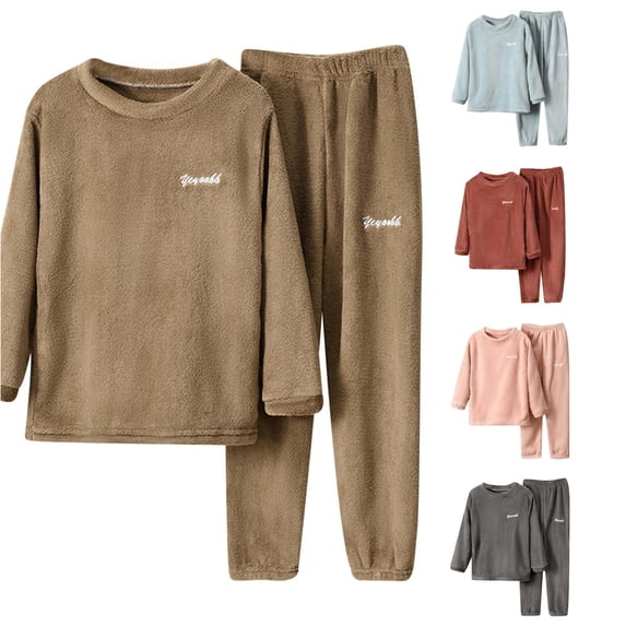 XAOFW Boys Girls Flannel Pajamas Long Sleeve Solid Color Tops And Pants Winter Warm Soft Fuzzy Sleepwear Loungewear Sets Trendy Nightwear 13-14 Years