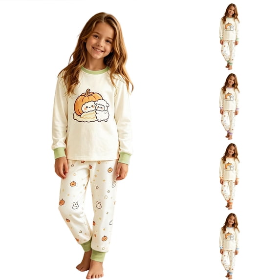 XAOFW Boys Girls Halloween Pajamas Pumpkin Cartoon Print Long Sleeve Tops Pants Toddler Kids Fall Winter Cozy Nightwear 3-4 Years