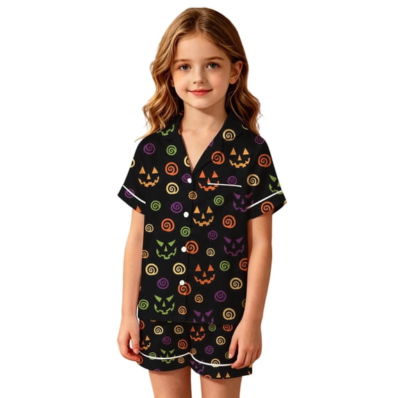 XAOFW Boys Girls Halloween Pajamas Pumpkin Printed Short Sleeve Button Down Tops Shorts Toddler Kids Fall Winter Soft Sleepwear 2-3 Years