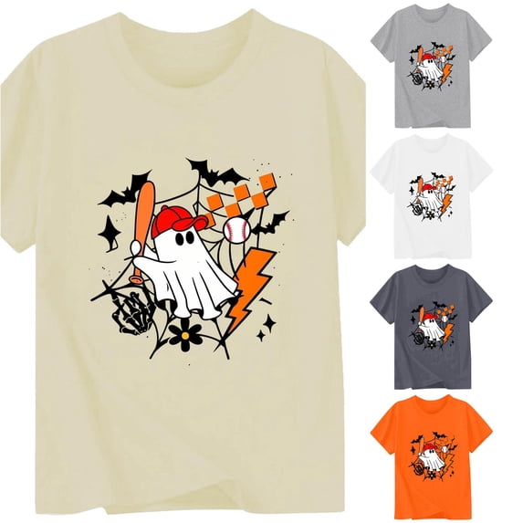 XAOFW Boys Girls Halloween Shirt Short Sleeve Crewneck Ghost Graphic Tees Toddler Kids Autumn Loose Fit T Shirts 1-2 Years