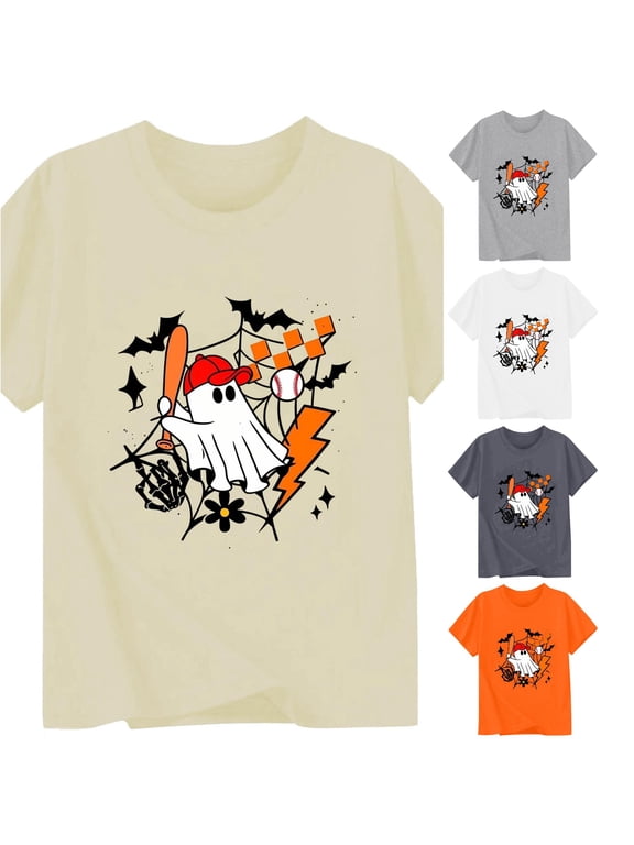 Boys Girls Halloween Shirt Short Sleeve Crewneck Ghost Graphic Tees Toddler Kids Autumn Loose Fit T Shirts 1-2 Years
