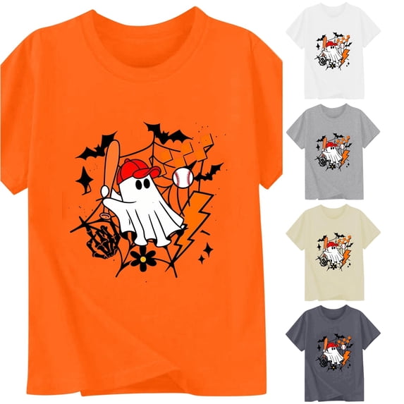 XAOFW Boys Girls Halloween Shirt Short Sleeve Crewneck Ghost Graphic Tees Toddler Kids Autumn Loose Fit T Shirts 6-7 Years