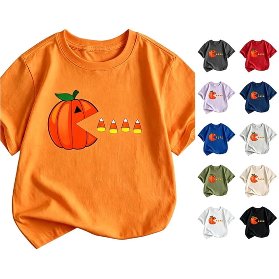 XAOFW Boys Girls Halloween Shirt Short Sleeve Crewneck Pumpkin Graphic Tees Toddler Kids Autumn Loose Fit T Shirts 8-9 Years