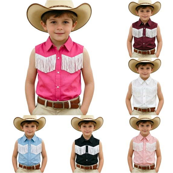 XAOFW Boys Girls Kids Western Cowboy Shirt Fringe Shirt Sleeveless Lapel Button Down Graphic Hippie Shirts Versatile Tops 11-12 Years
