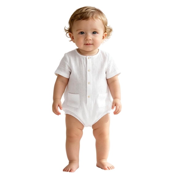 XAOFW Boys Girls Rompers Short Sleeve Crewneck Solid Color Button Down Bodysuit Breathable One-Pieces 9-12 Months