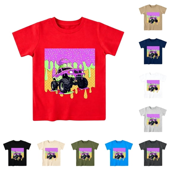 XAOFW Boys Graphic Tees With Truck Ice Cream Cartoon Print Short Sleeve Crewneck Casual T Shirts For Toddler Kids Back To School Stylish Tops 6-7 Years