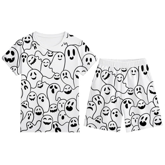 XAOFW Boys Halloween Pajamas Ghost Prints Short Sleeve Button Down Tops Shorts Toddler Kids Fall Winter Soft Sleepwear 3-4 Years