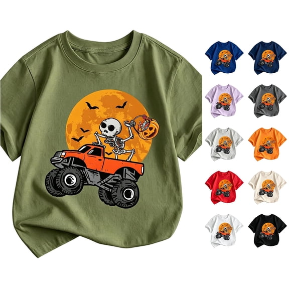 XAOFW Boys Halloween Shirt Short Sleeve Crewneck Pumpkin Skeleton Graphic Tees Toddler Kids Autumn Relaxed Fit T Shirts 2-3 Years