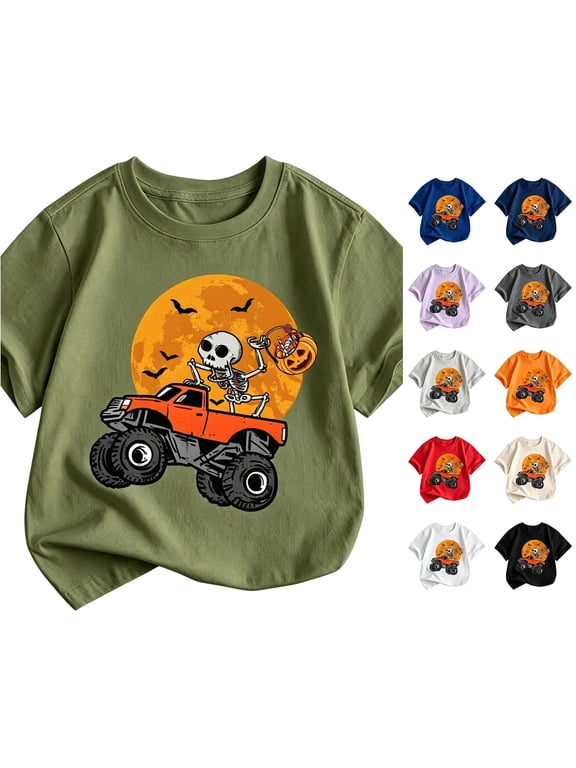 Boys Halloween Shirt Short Sleeve Crewneck Pumpkin Skeleton Graphic Tees Toddler Kids Autumn Relaxed Fit T Shirts 2-3 Years