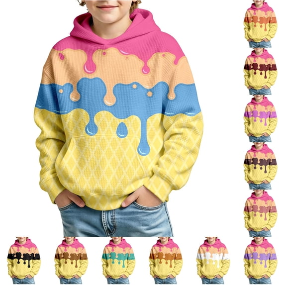 XAOFW Boys Hoodies Long Sleeve Knit Hooded Sweatshirt With Ice Print And Front Pocket Loose Fit Pullover Hoodies For Casual Daily Wear Trendy Tops 13-14 Years