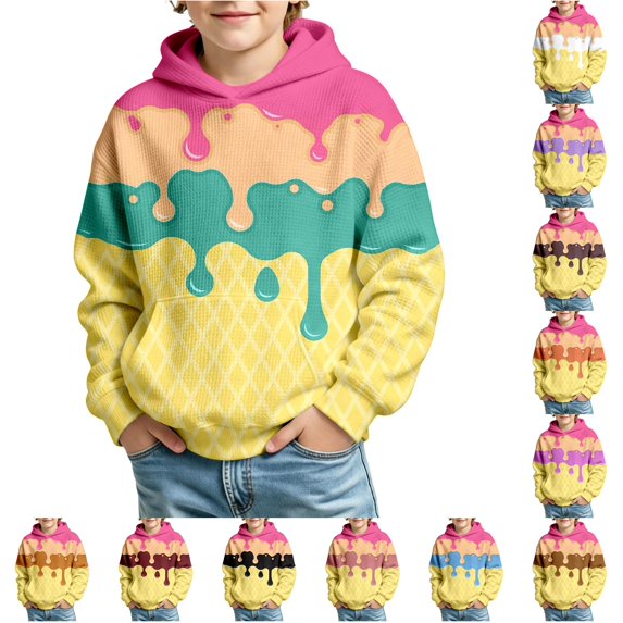XAOFW Boys Hoodies Long Sleeve Knit Hooded Sweatshirt With Ice Print And Front Pocket Loose Fit Pullover Hoodies For Casual Daily Wear Versatile Tops 2-3 Years