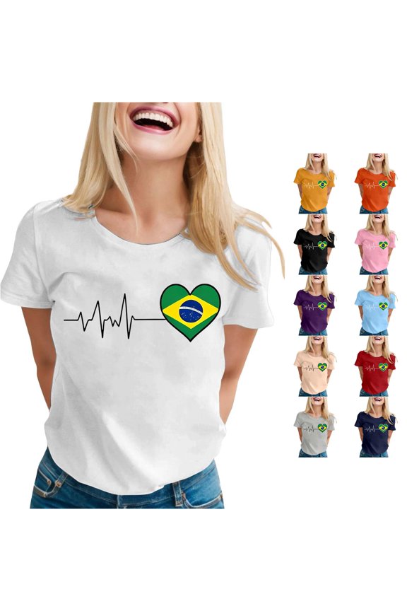 Brazil Shirts Women Short Sleeve Crewneck Tees Brazil Flag Printed Soccer T Shirts Casual Summer Workout Tops For Women Versatile Top S