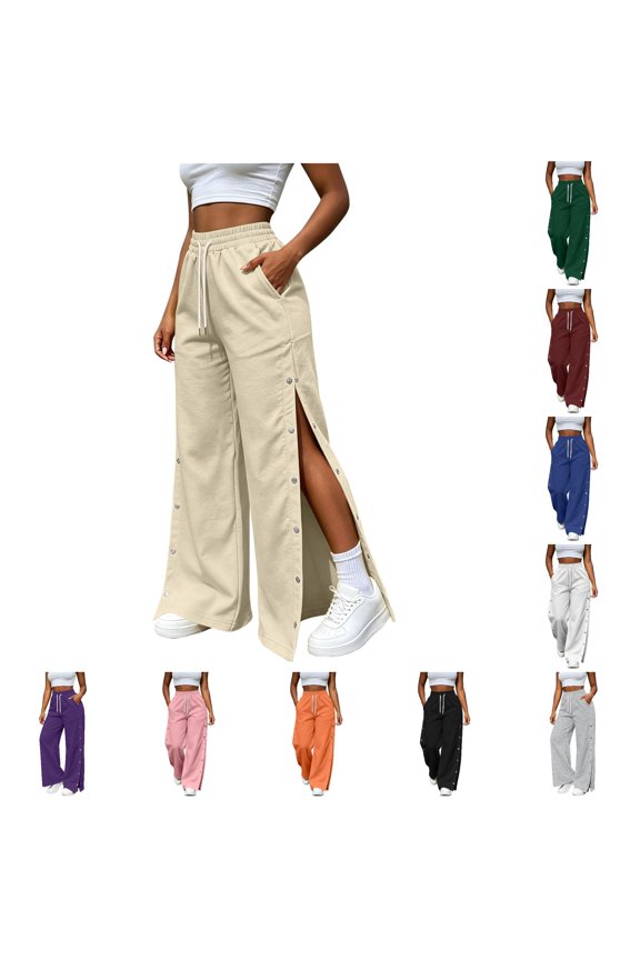 Casual Pants For Women With Button Front And Side Slit Pleated Flowy Trousers Drawstring Elastic Waist Pants With Pockets Versatile Bottoms L