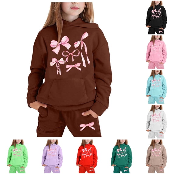 XAOFW Child Toddler Boys Girls Outfits Long Sleeve Bowknot Printed Warm Hoodie Pullover Tops Jogger Pants Kids 2 Piece Tracksuit Sets Comfortable Clothes Sets 6-7 Years