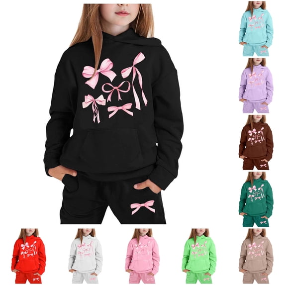 XAOFW Child Toddler Boys Girls Outfits Long Sleeve Bowknot Printed Warm Hoodie Pullover Tops Jogger Pants Kids 2 Piece Tracksuit Sets Comfortable Clothes Sets 2-3 Years