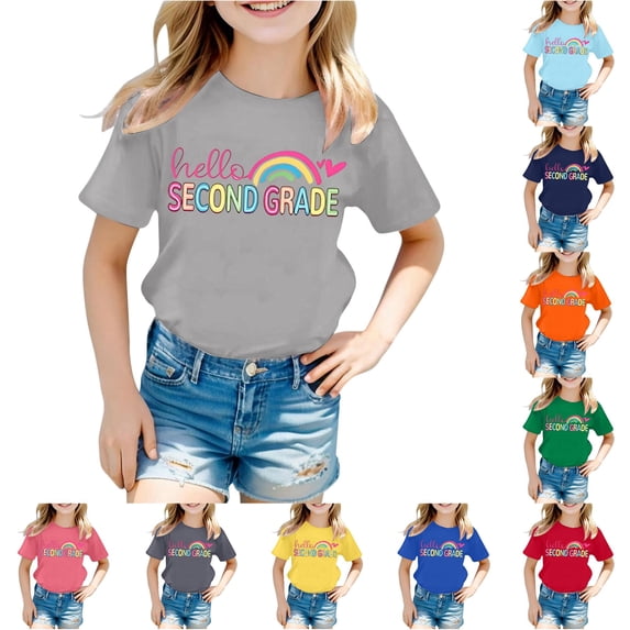 XAOFW Children'S Back To School T Shirts Casual Letter Printed Round Neck Short Sleeved Tees Boys Girls First Day Of School Shirt Trendy Tops 10-11 Years