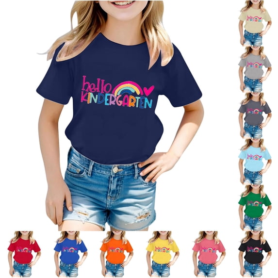 XAOFW Children'S First Day Of Kindergarten Shirt Casual Letter Print Round Neck Short Sleeved Tees Boys Girls Back To School T-Shirts Trendy Tops 3-4 Years