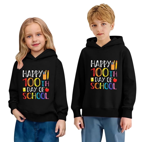 XAOFW Children's Hoodies Sweatshirts 100 Days Of School Print Fashionable Hoodie Casual Loose Fit Pullover Long Sleeve Hooded Sweatshirt Soft Breathable Holiday Vacation Tops