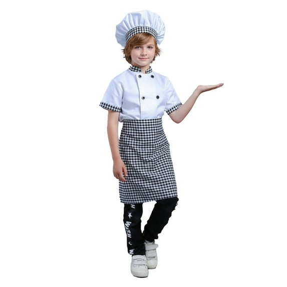 XAOFW Children's Outfit Sets Plaid Short Sleeve Stand Collar Top With Hat And Apron 3 Piece Chef Dress Up Outfits Club Party Fashionable Cozy Clothing Sets