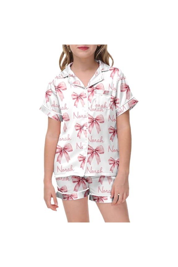 Children's Outfits Sets Valentines Day Bow Print Lapel Short Sleeved Top Short Pants Outfit Everyday Comfort Fit Set Party Night Breathable Trendy Clothes Sets