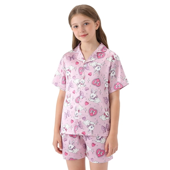 XAOFW Children's Outfits Sets Valentines Day Cartoon Animal Print Short Sleeve Lapel Top Shorts Outfit Everyday Comfort Fit Set Club Party Soft Breathable Clothing Sets