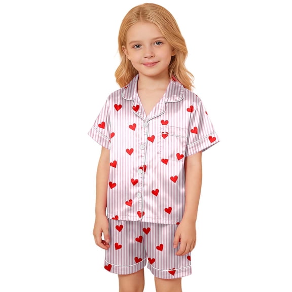 XAOFW Children's Outfits Sets Valentines Day Heart Printed Button Lapel Short Sleeved Top Shorts Outfit Comfort Fit Set Holiday Vacation Breathable Trendy Clothes Sets
