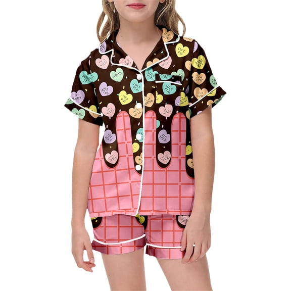 XAOFW Children's Outfits Sets Valentines Day Love Heart Printed Lapel Short Sleeve Top Shorts Outfit Daily Wear Casual Set Club Party Soft Breathable Clothing Sets