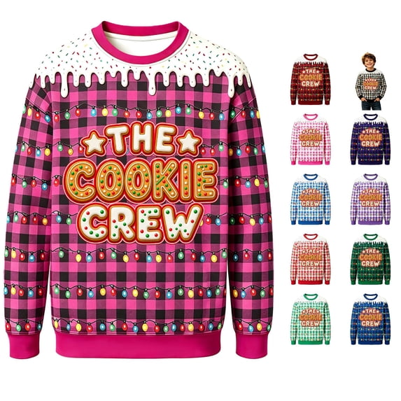 XAOFW Christmas Boys Sweatshirts Long Sleeve Crew Neck Plaid Christmas Lights Print Sweatshirts Toddler Kids Comfortable Fall Winter Tops