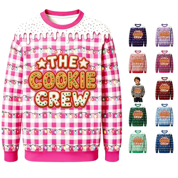 XAOFW Christmas Boys Sweatshirts Long Sleeve Crew Neck Plaid Christmas Lights Print Sweatshirts Toddler Kids Soft Cozy Fall Winter Tops