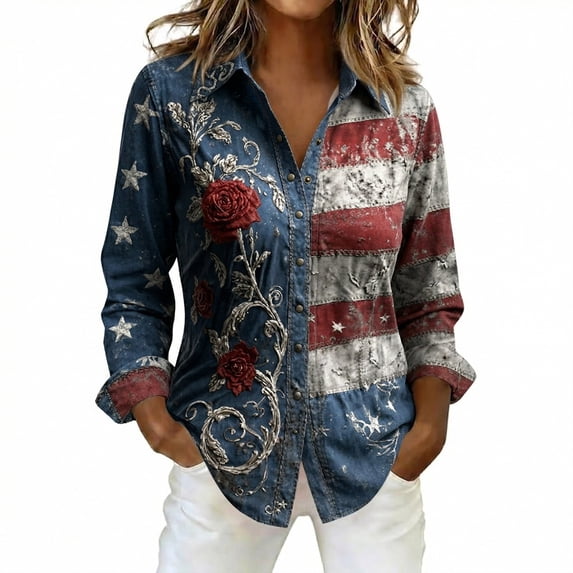 XAOFW Classic Long Sleeve Button Down Shirts For Women Elegant Comfortable Fit 250th Anniversary Patriotic Graphic Blouse Celebration Party Versatile Top