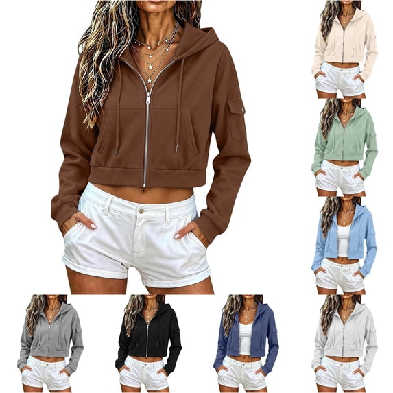XAOFW Cozy Casual Zip Up Hoodie Women Solid Color Long Sleeve Cropped Hooded Sweatshirts Autumn Winter Loose Fit Hoodies With Pockets Versatile Tops S