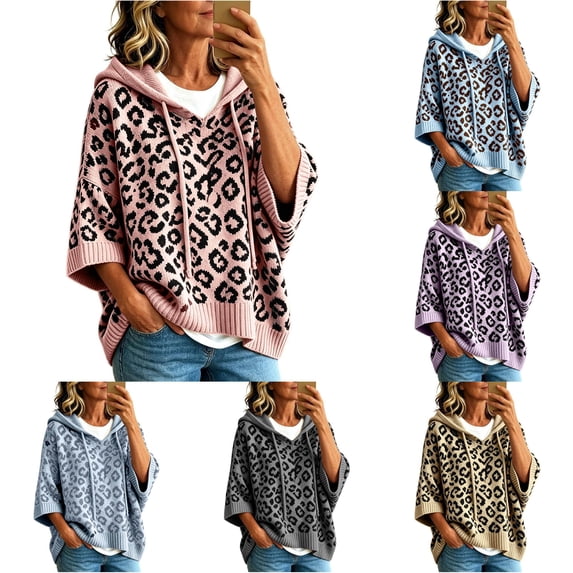 XAOFW Cozy Leopard Knit Hoodies For Women Long Sleeve Hooded Sweatshirt Relaxed Fit Knitwear Pullover Hoodies Breathable Tops XL