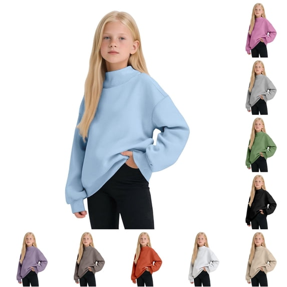 XAOFW Cozy Lined Neck Sweatshirt For Girls Solid Color Long Sleeve Sweatshirts Soft Winter Pullover For Kids Everyday Wear Versatile Top 14-16 Years