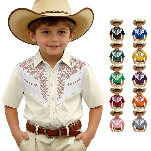 XAOFW Denim Short Sleeve Shirt For Kids Boys Casual Lapel Printed Western Shirts With Button Front Versatile Tops 3-4 Years